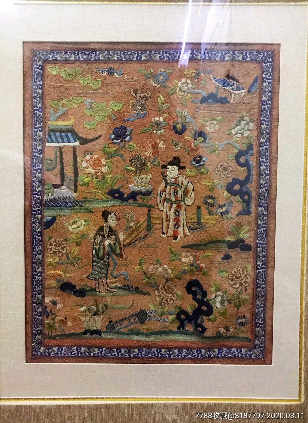 清代亭台人物刺绣