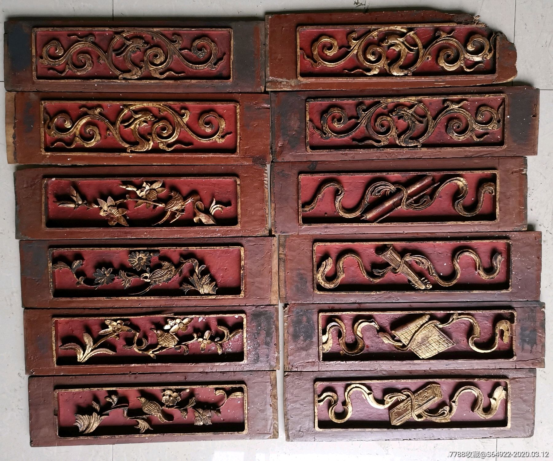 清代早期高浮雕花鸟八宝吉祥题材花板一套12片