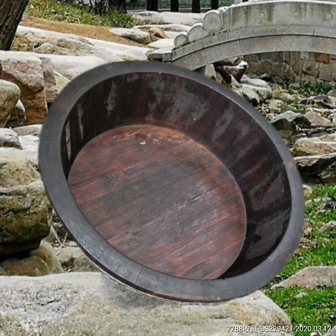 民国手工刻花木大盆民俗家具泡洗脚盆儿童沐浴木具