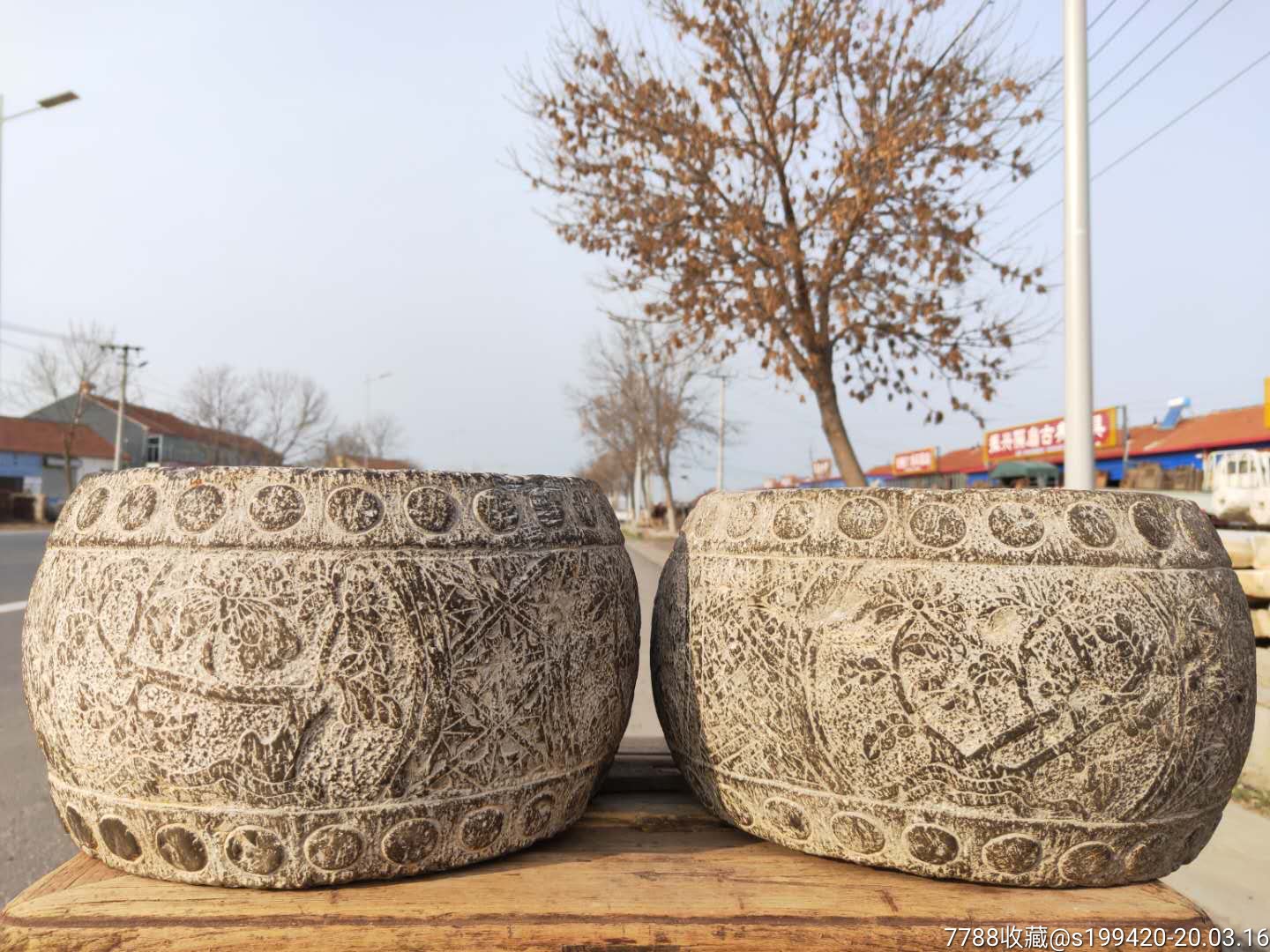 青石石鼓一对,明代.一周全工,全品相无磕碰,保老到代.