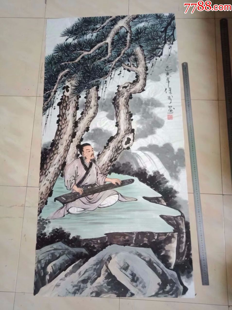 纯手工绘画,四尺大尺寸人物画国画,松下抚琴图