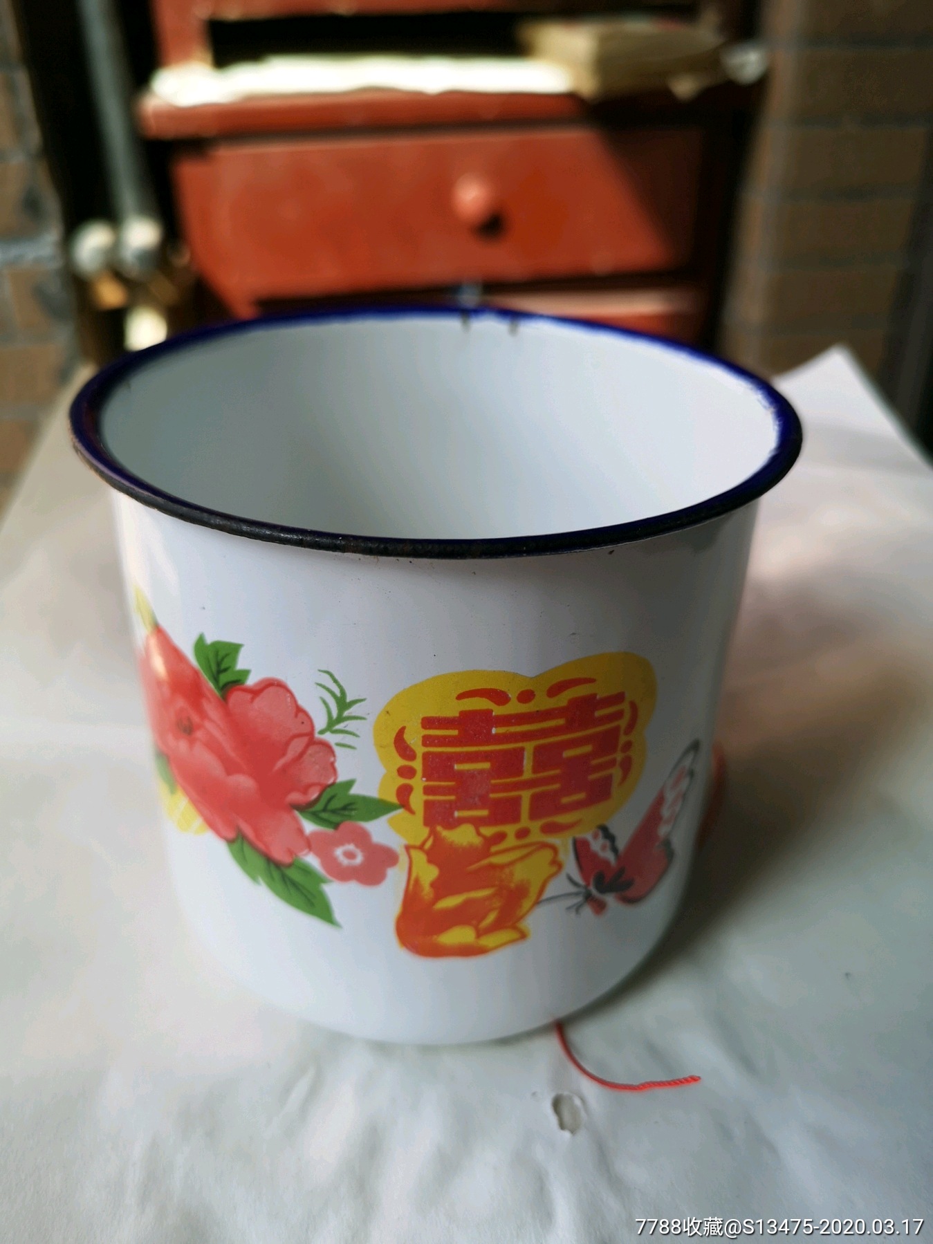 祥鸟牌红双喜蝴蝶大红花图案搪瓷杯