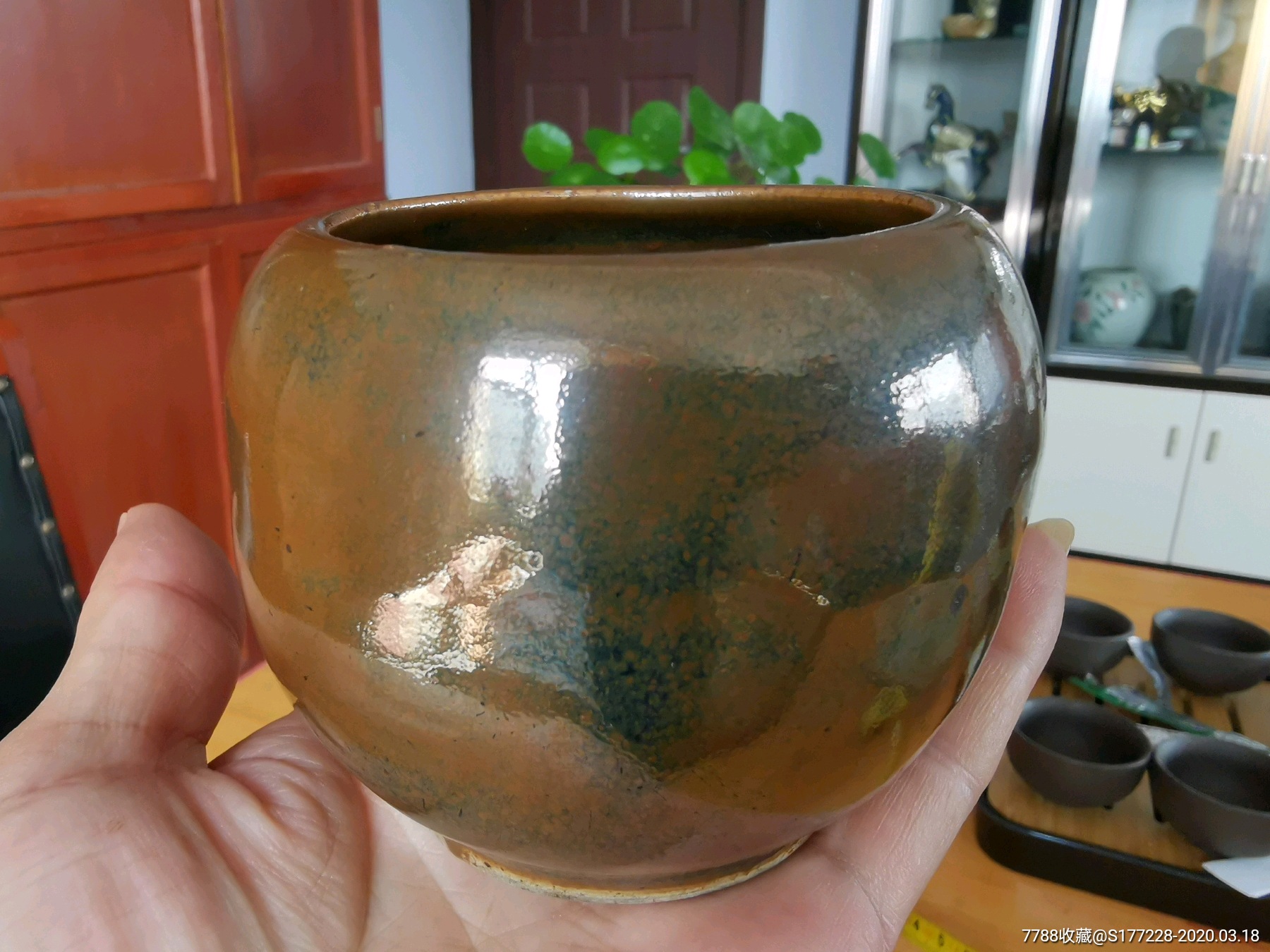 清代紫金釉文房水盂小罐,开门老货保真