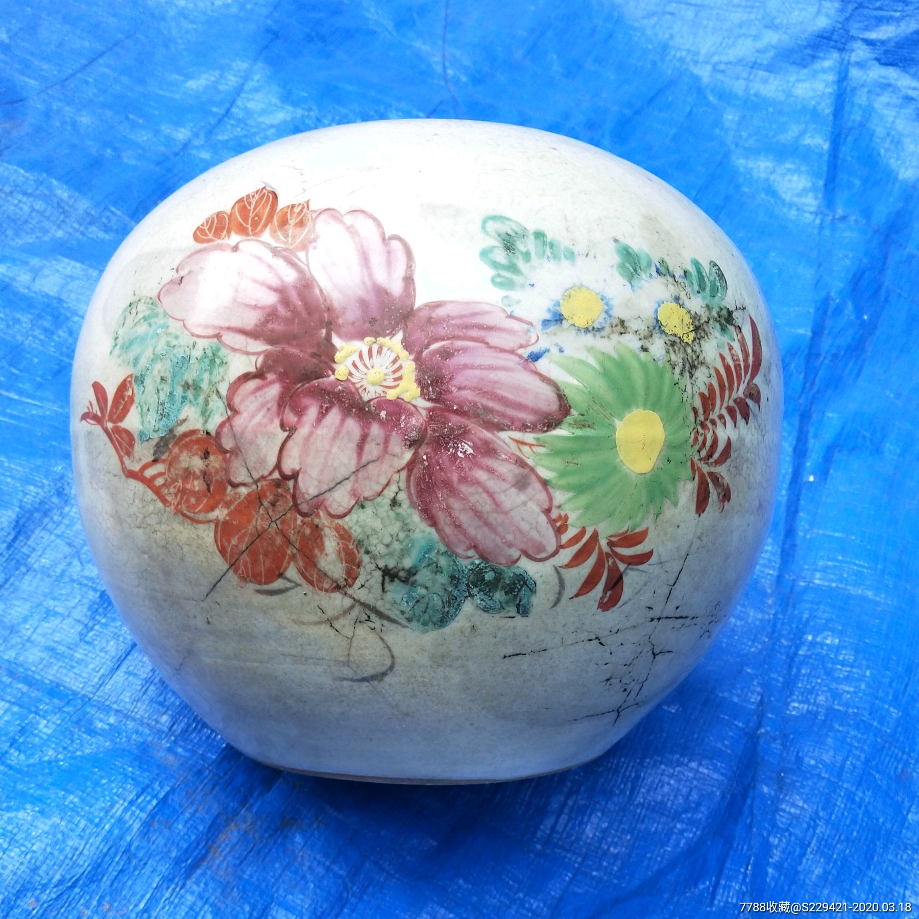 真品民国粉彩瓷罐手绘花纹西瓜坛子