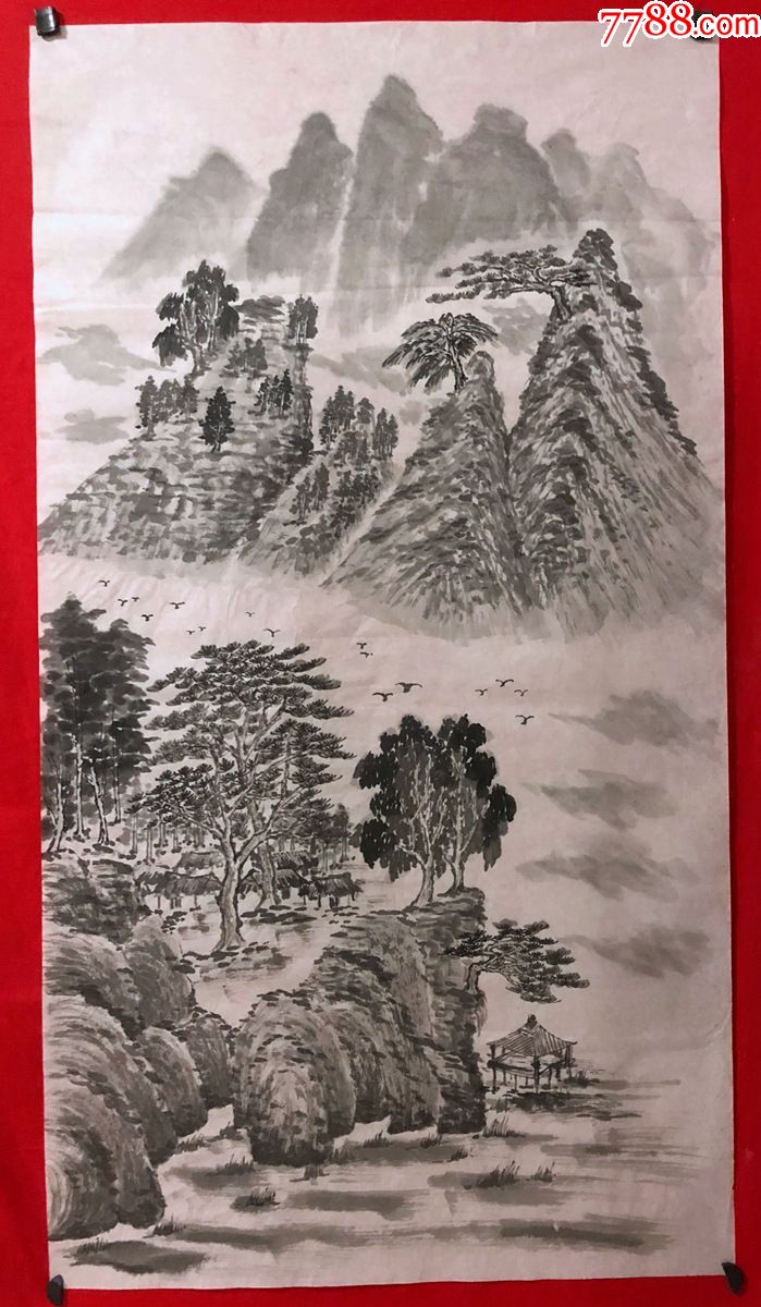 书画原作4842,无款山水画,三尺全开