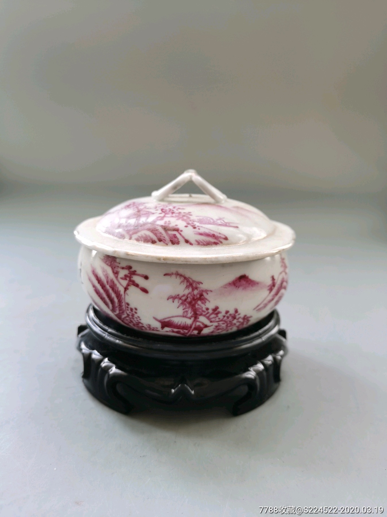 民国胭脂红山水粉盒