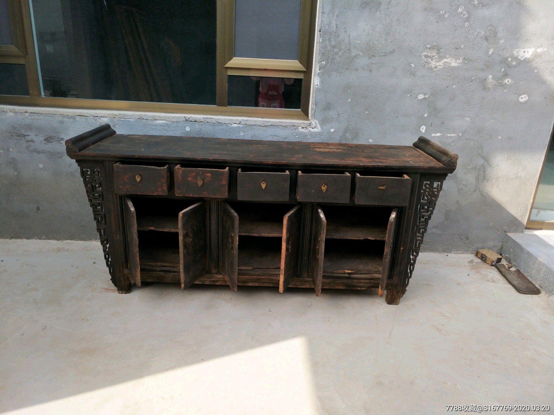 六门五抽屉榆木条几柜_木桌/几/案_广通老家具古