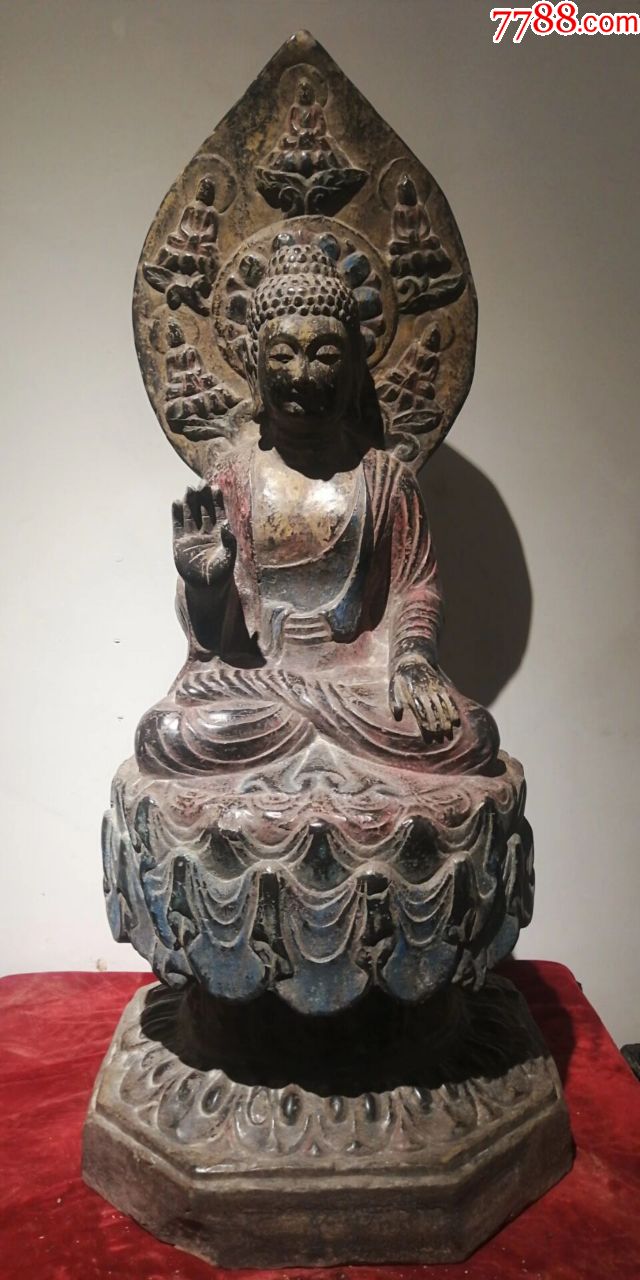 精美青石彩绘唐代坐佛造像