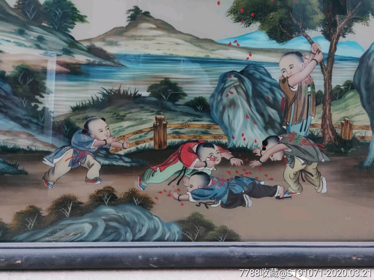 清代楠木纯手绘五彩玻璃画五子嬉戏图一对全品完整包老尺寸84/60