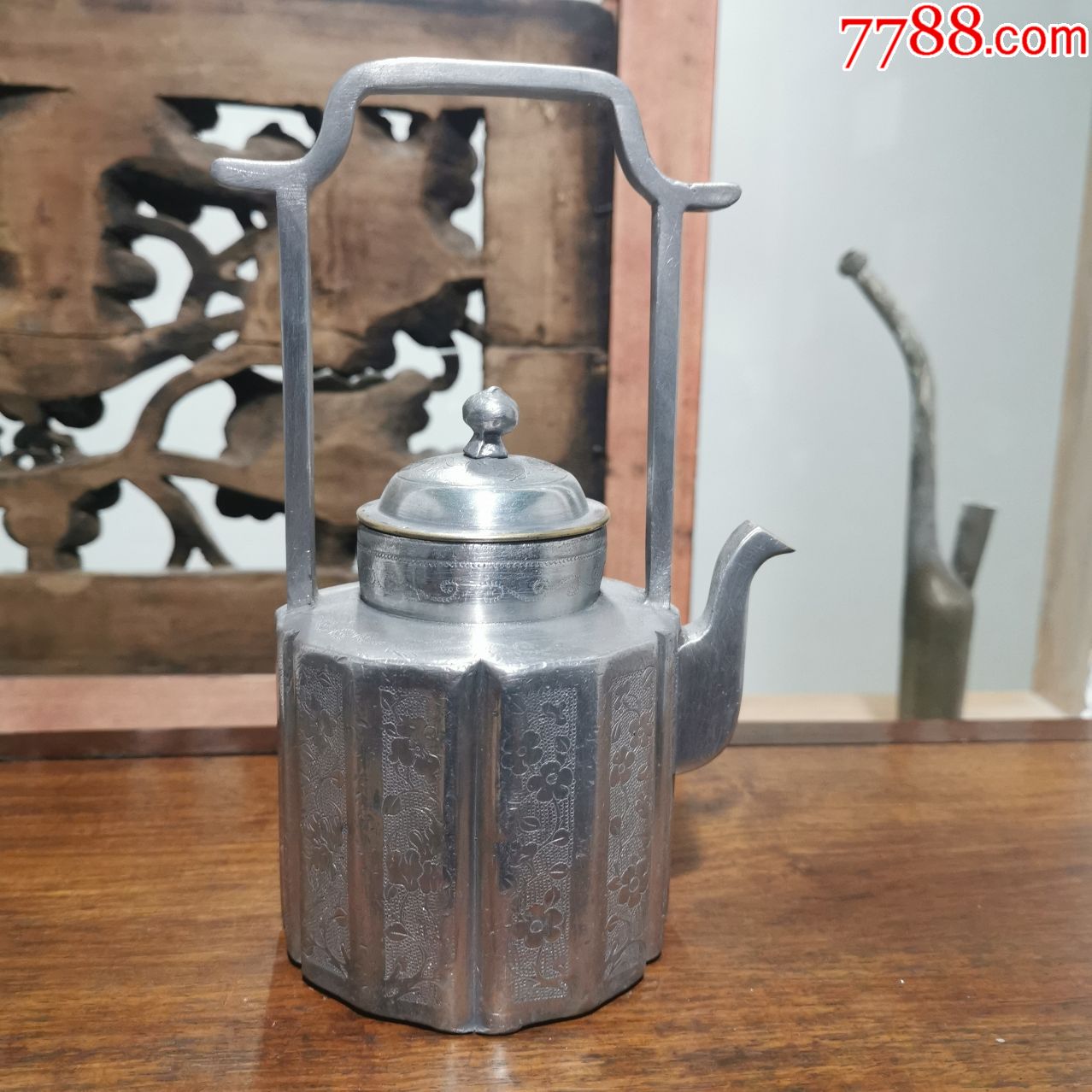 清代高提梁满工珍珠地錾刻八角锡壶锡酒壶白锡茶壶古玩老锡器收藏