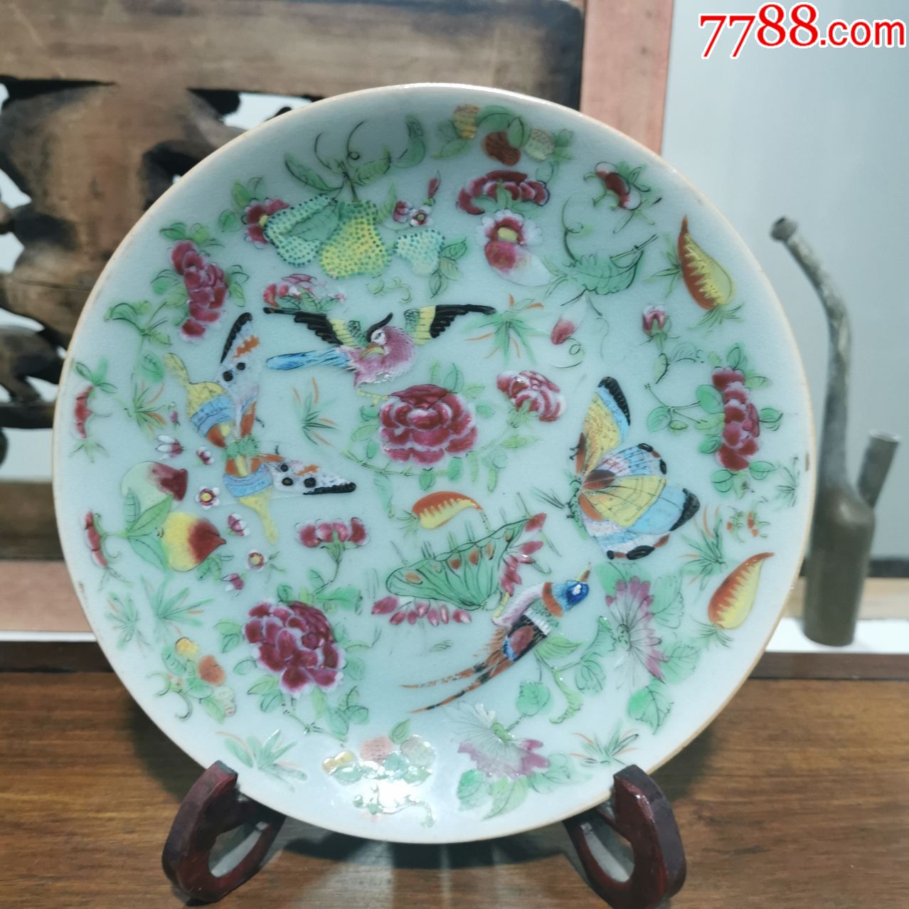 清代粉彩花鸟大盘古玩古董老瓷器瓷盘