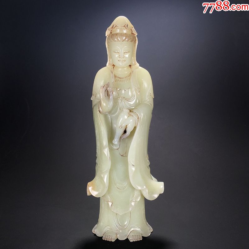 清中期和田玉青白玉圆雕净瓶观音玉观音立像摆件古玉老玉收藏