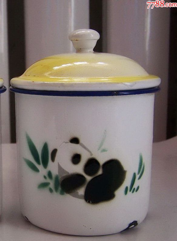 八十年代,儿童款,熊猫图案,老搪瓷水杯,全新,未用过,少见,点图可放大