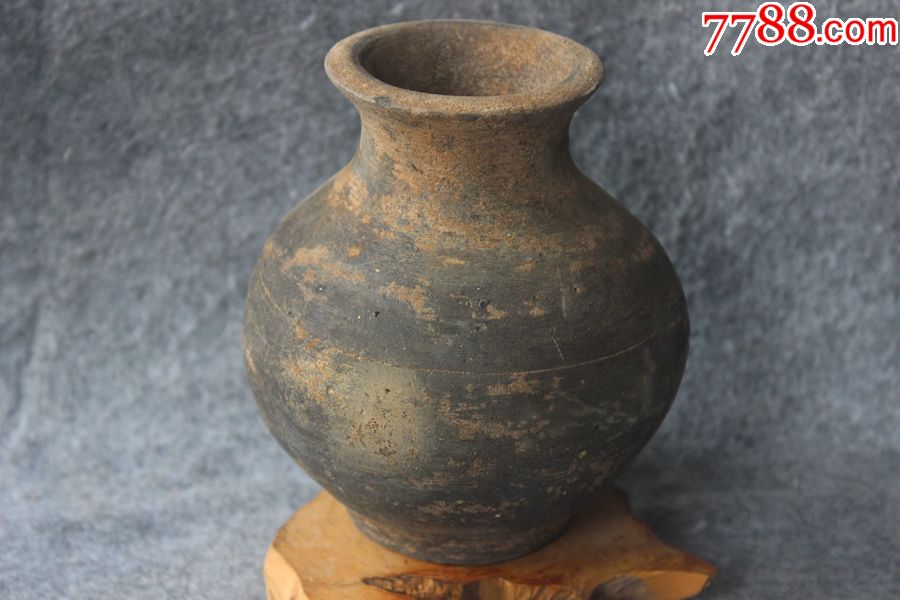 汉代敞口短颈灰陶黑陶罐旋纹陶瓶高13厘米保真老陶器zz
