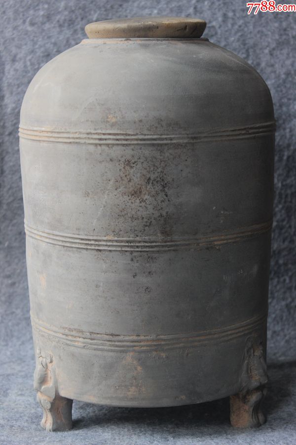 汉代三足熊腿灰陶仓三旋纹装饰带盖完整包老高27厘米zz.248*