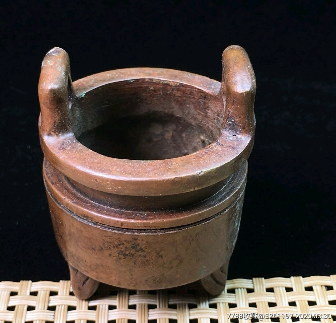 纯铜双耳三足小香炉摆件