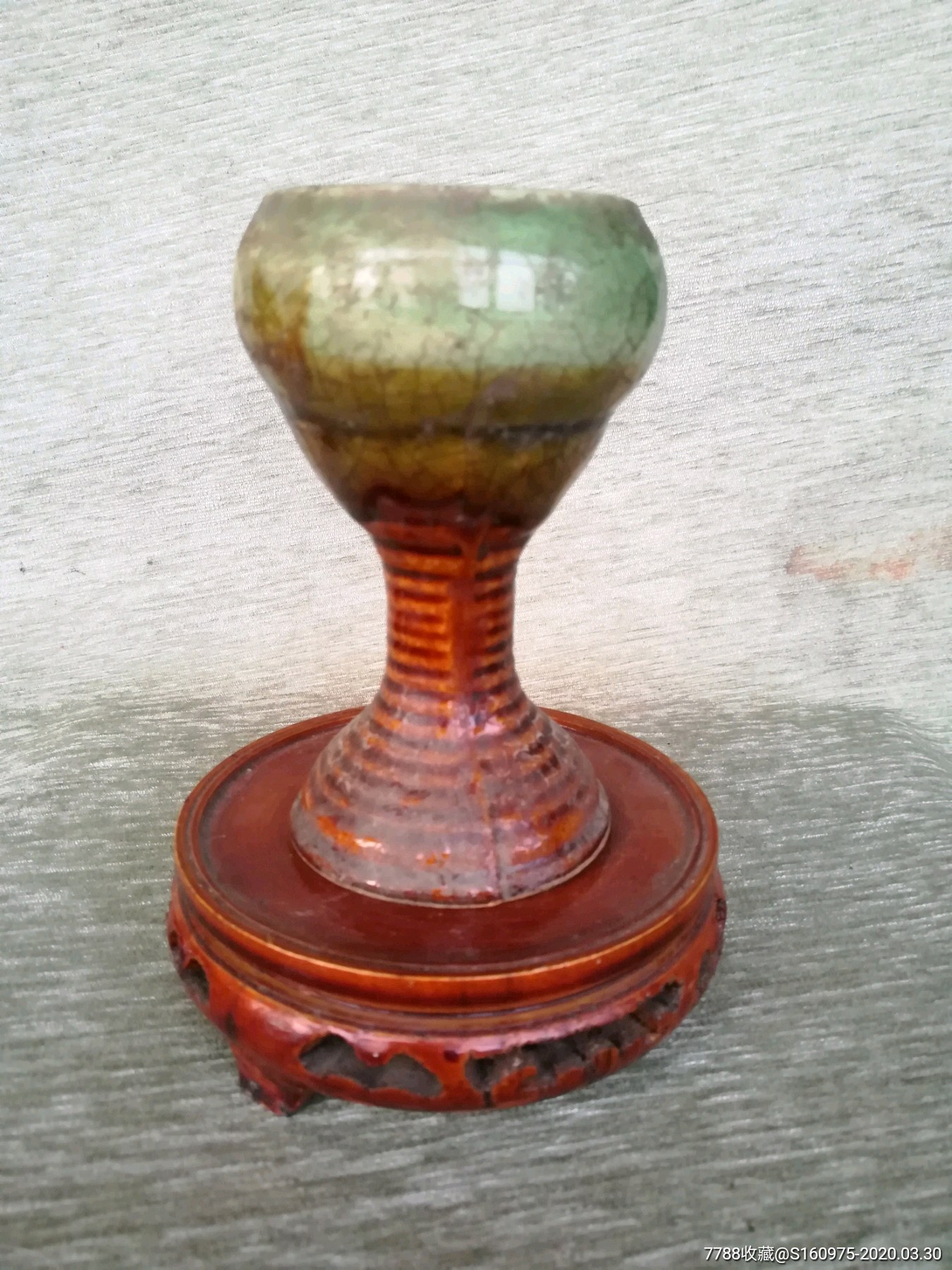 漂亮清代绿釉高脚油灯,6*6*11cm