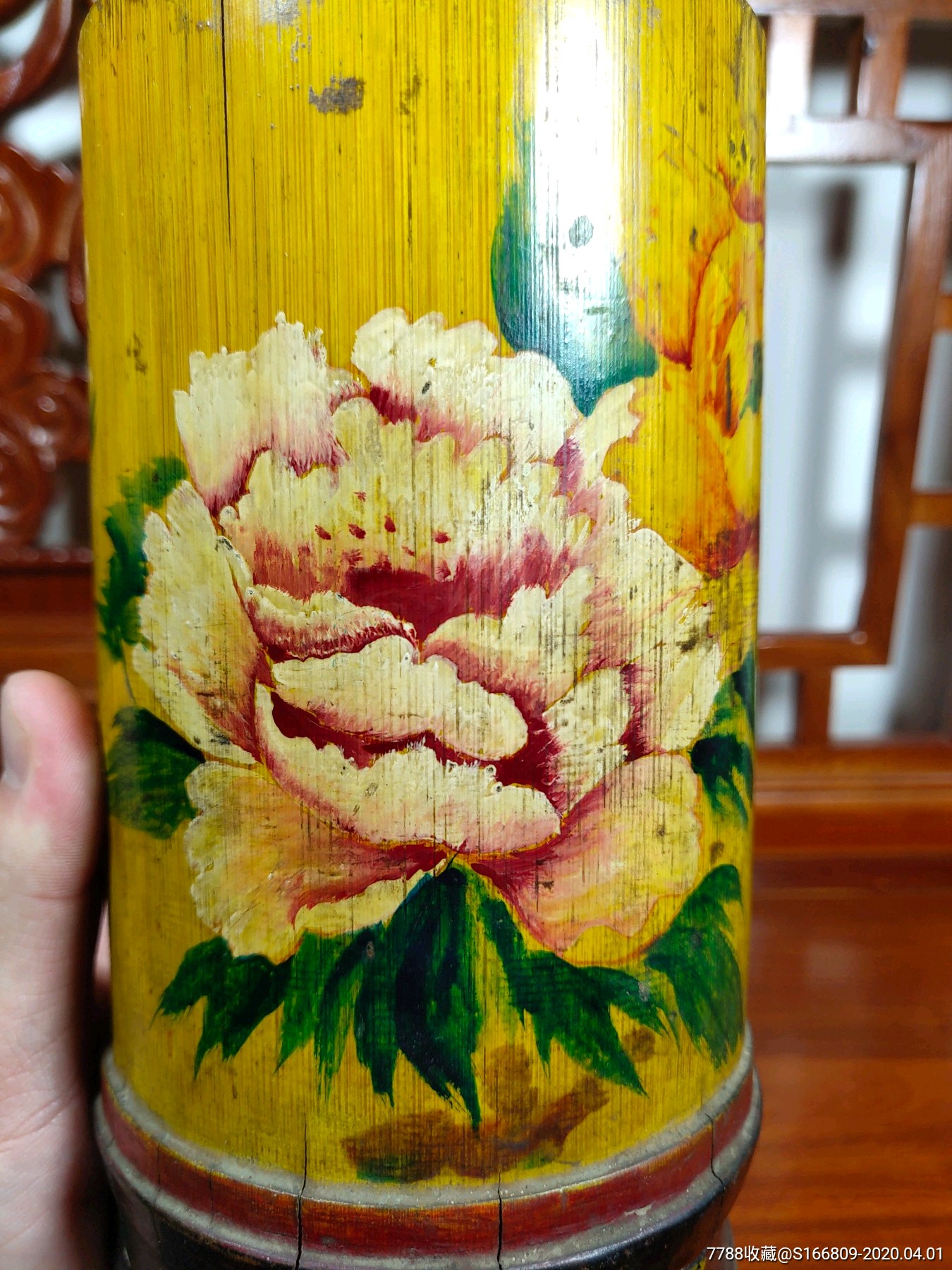 民国竹子竹筒手绘花卉盖筒