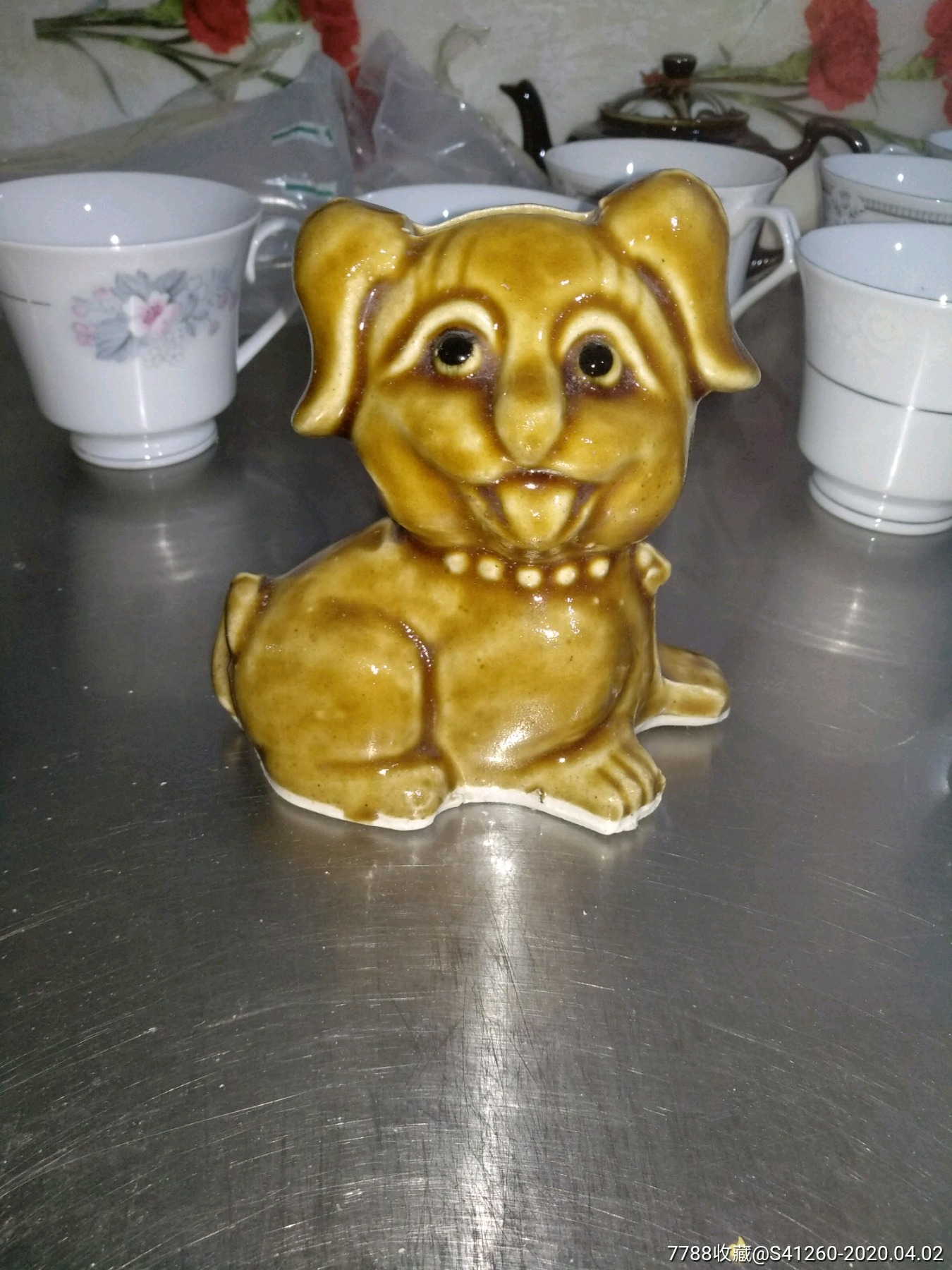 老物件黑釉小狗存钱罐