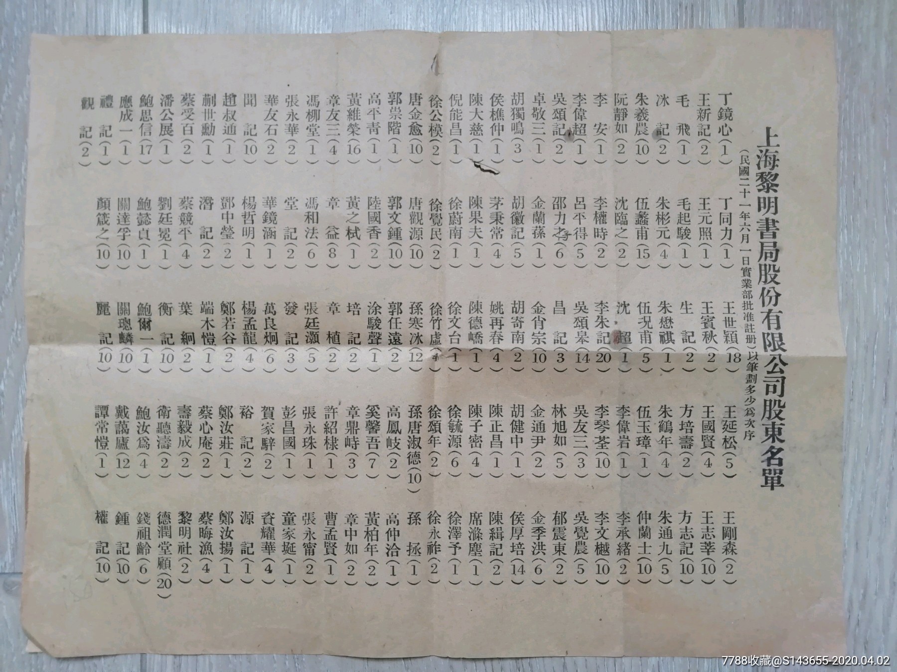 99民國21年上海黎明書局股東名單￥5,0008品99民國36年華新水泥公