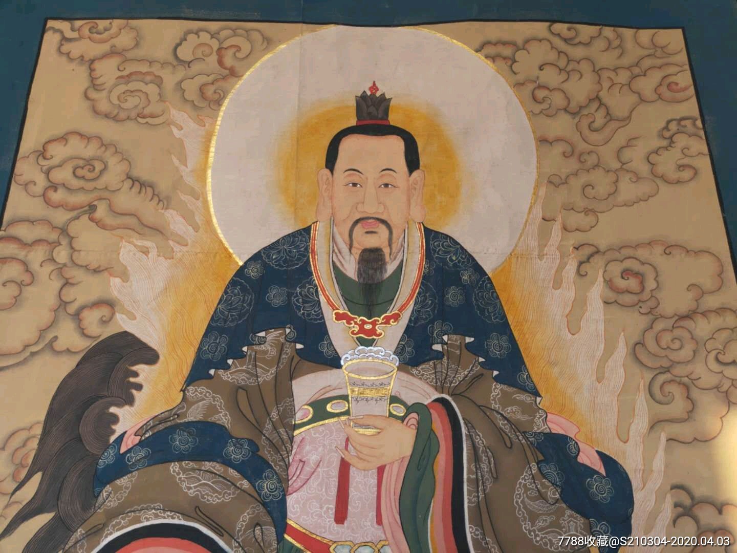 清代精品纯手绘老粗布.五彩描金太乙救苦天尊画像一张,画工精湛