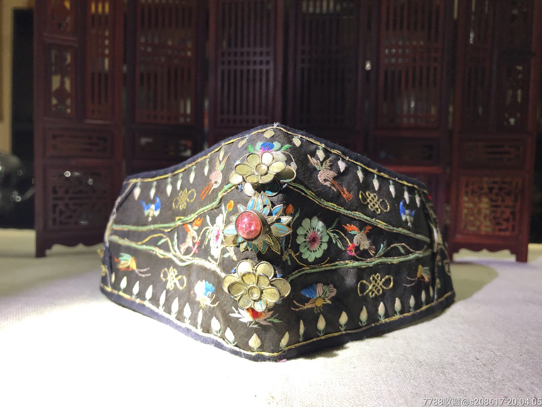 清朝老绣抹额点翠工艺老绣帽包老包真