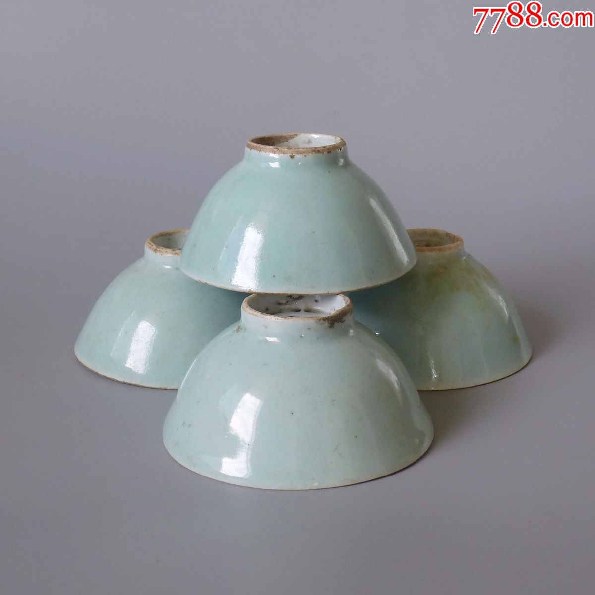 清代豆青釉茶碗4只保真古瓷器古董艺术品收藏茶具旧货文物包老