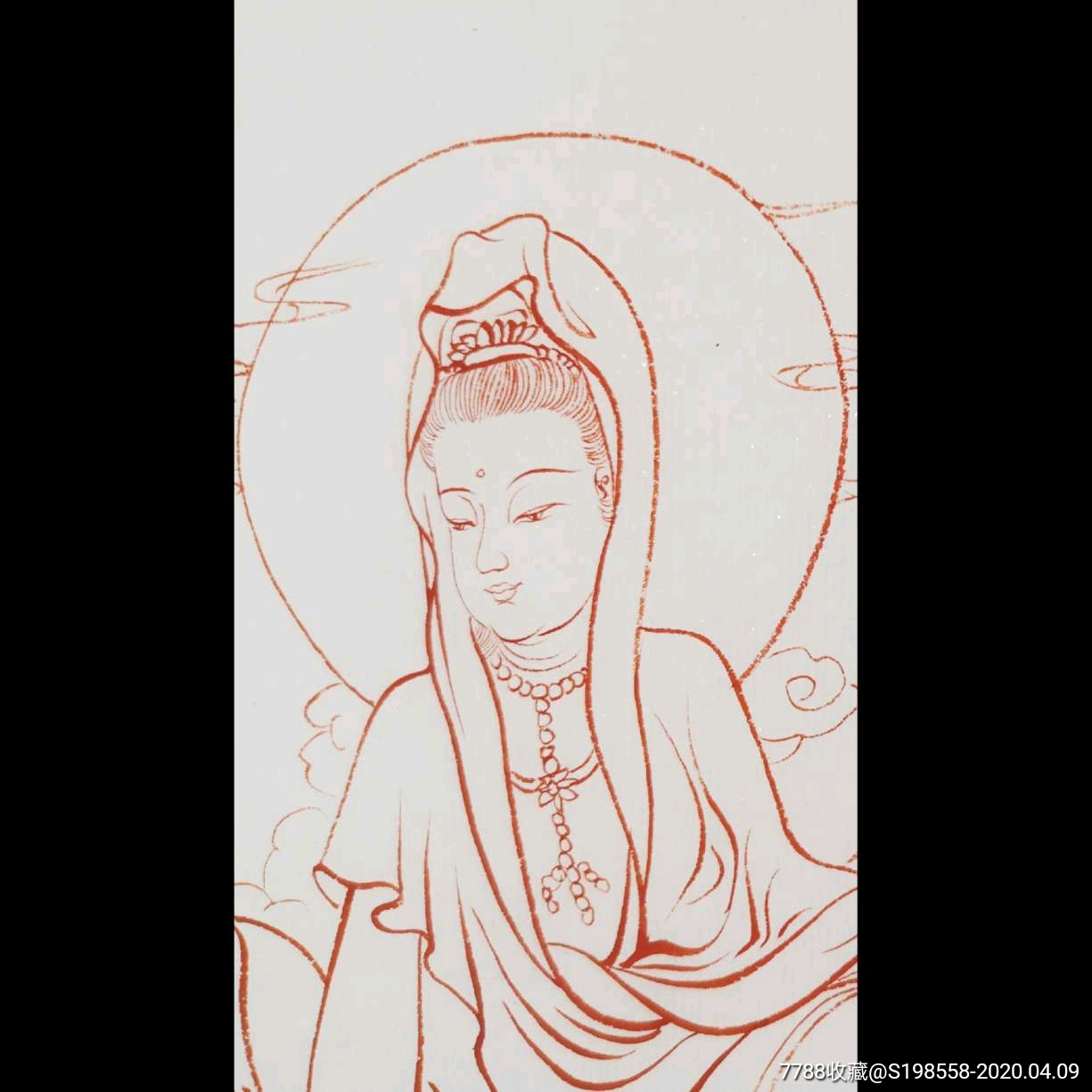 白宇琴老师力作,朱砂工笔白描菩萨像,自在观音像