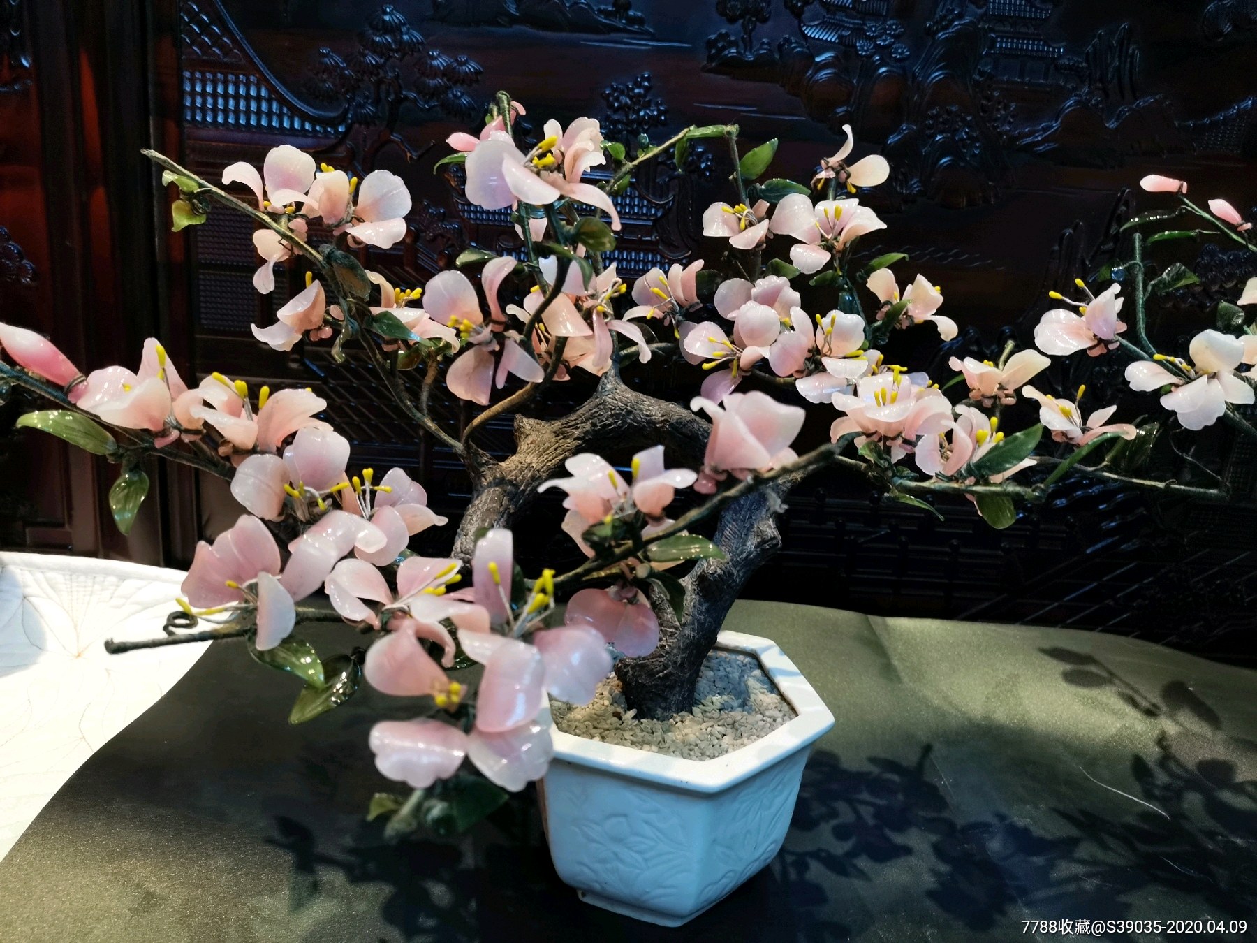 北京料器花盆景老琉璃花桃花一对