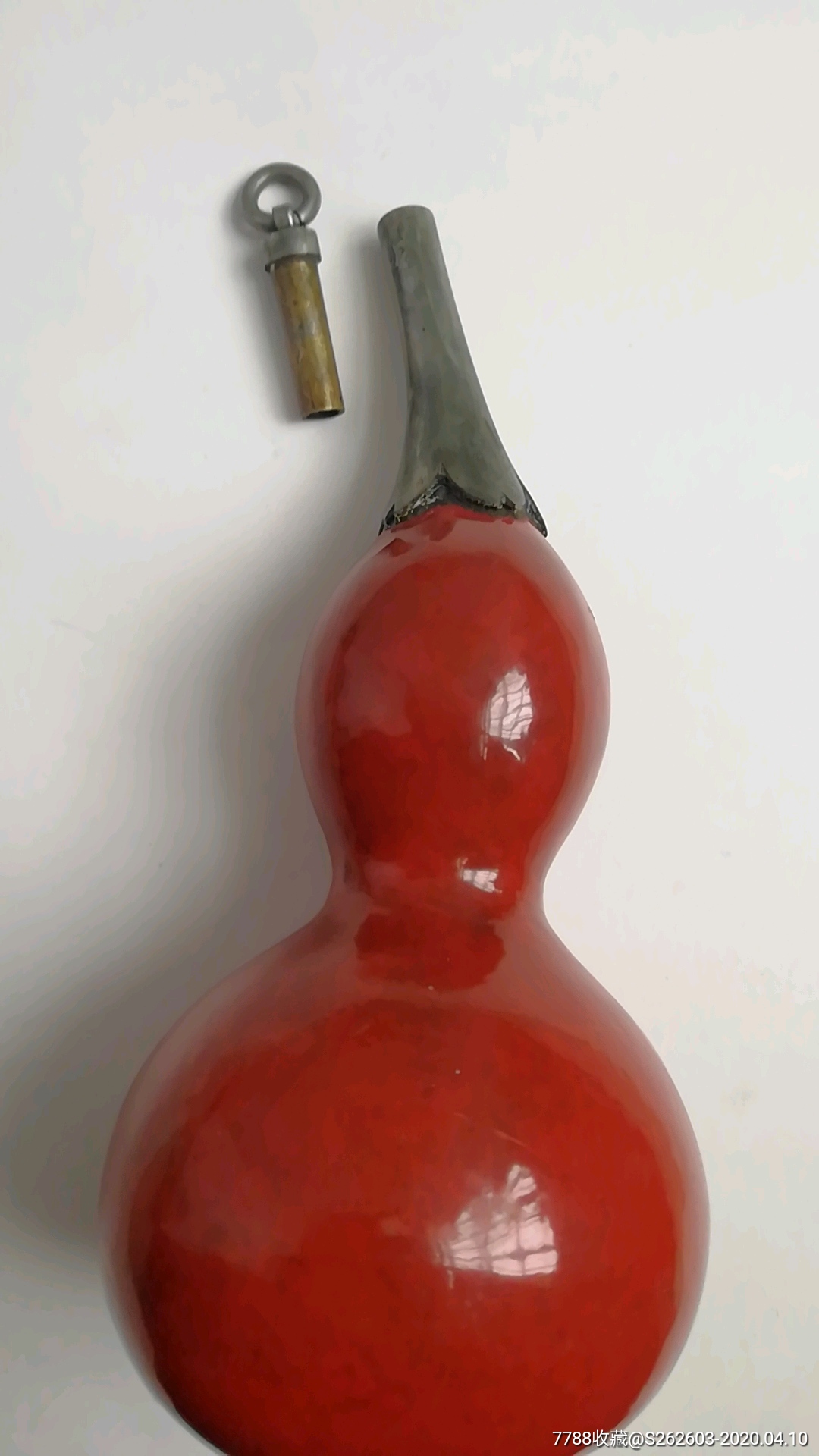 清代官做朱红漆镶铜口酒葫芦