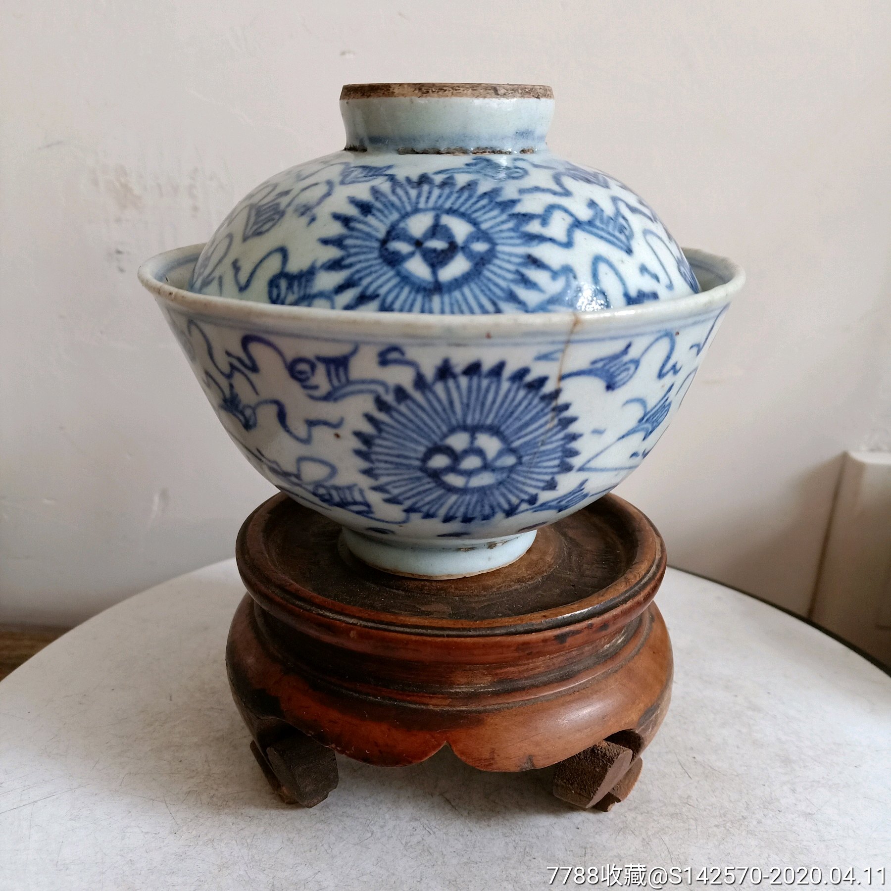 清代乾嘉时期青花盖碗有冲线如图保老保真