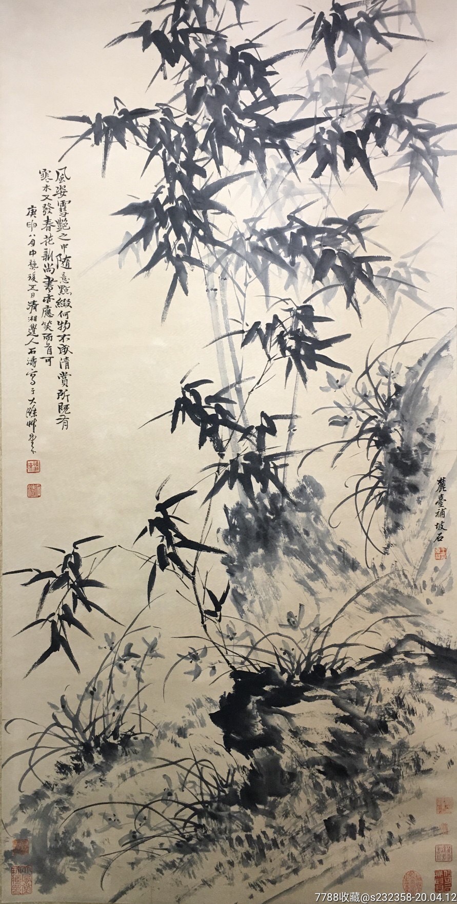 石涛王原祁合作竹石图纸本立轴画芯尺寸137x69cm-花鸟国画原作-7788