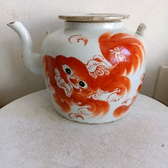 晚清名家张义记作品矾红二黄狮子茶壶身体完整余如图保老保真