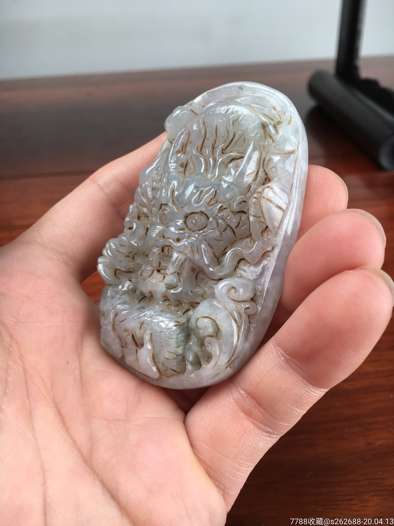 老天然翡翠冰糯种高浮雕龙牌-翡翠/缅甸玉-7788玉器收藏