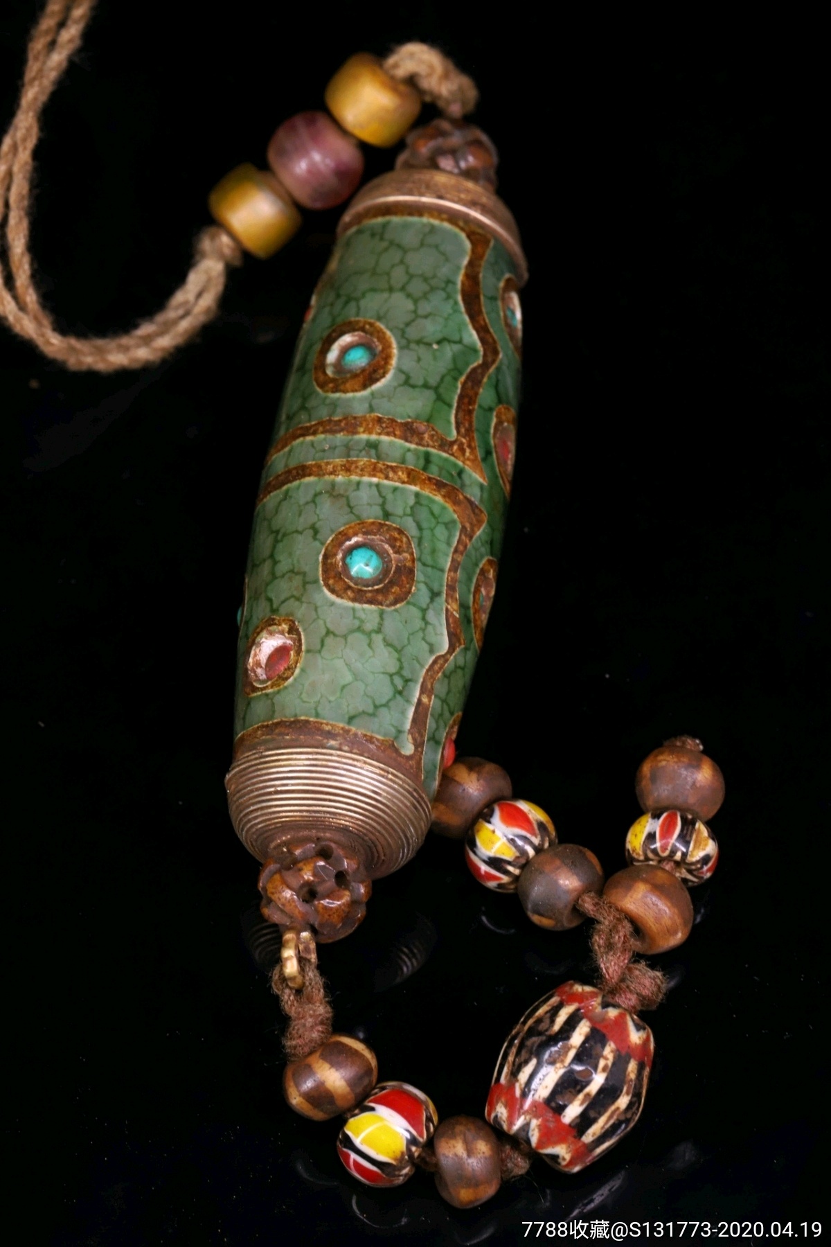 天然老玛瑙绿皮天珠纯手工錾刻镶嵌宝石老天珠……天珠高10宽2.