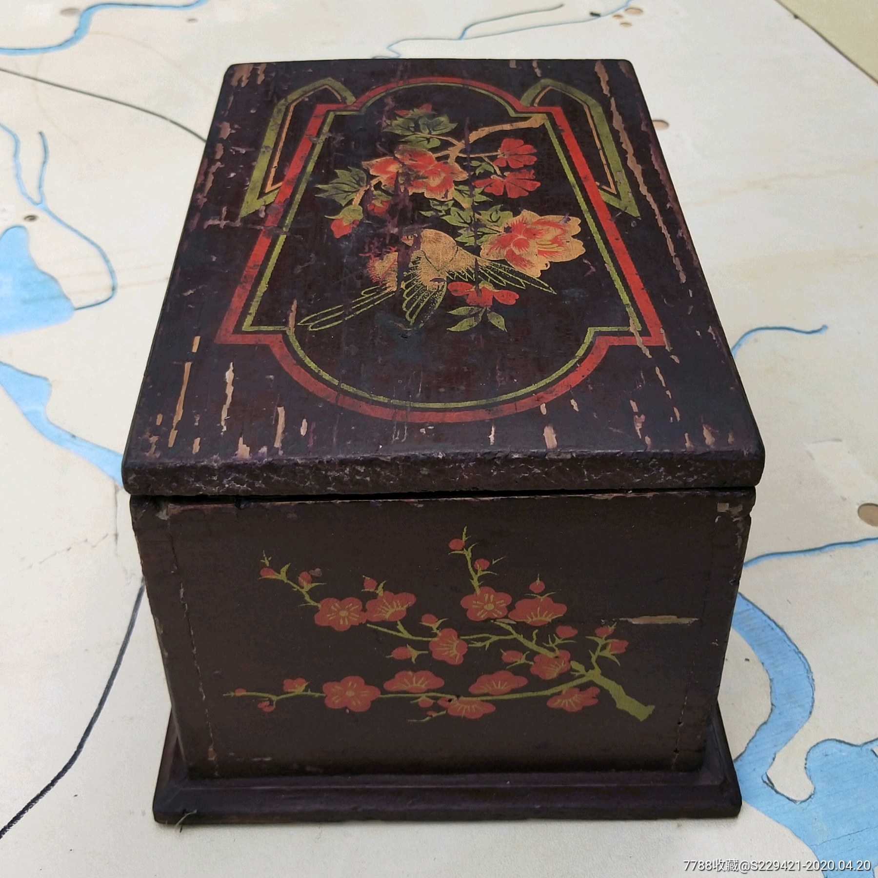 建国初婚嫁实木化妆盒彩绘花鸟官木箱梳妆木匣