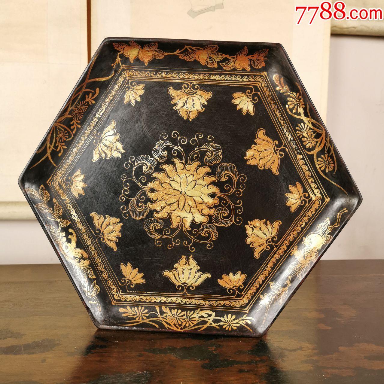 精美漆器描金托盘古玩木质大漆茶盘