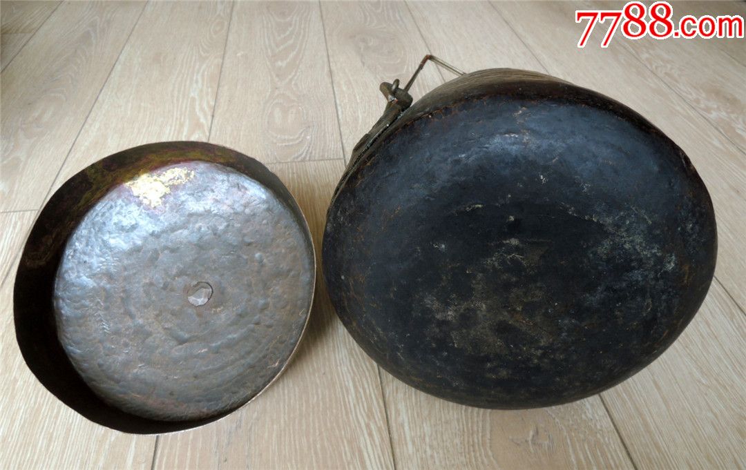马帮收藏200402-民国茶马古道手工制老包浆高提梁大号紫铜行军锅1kg