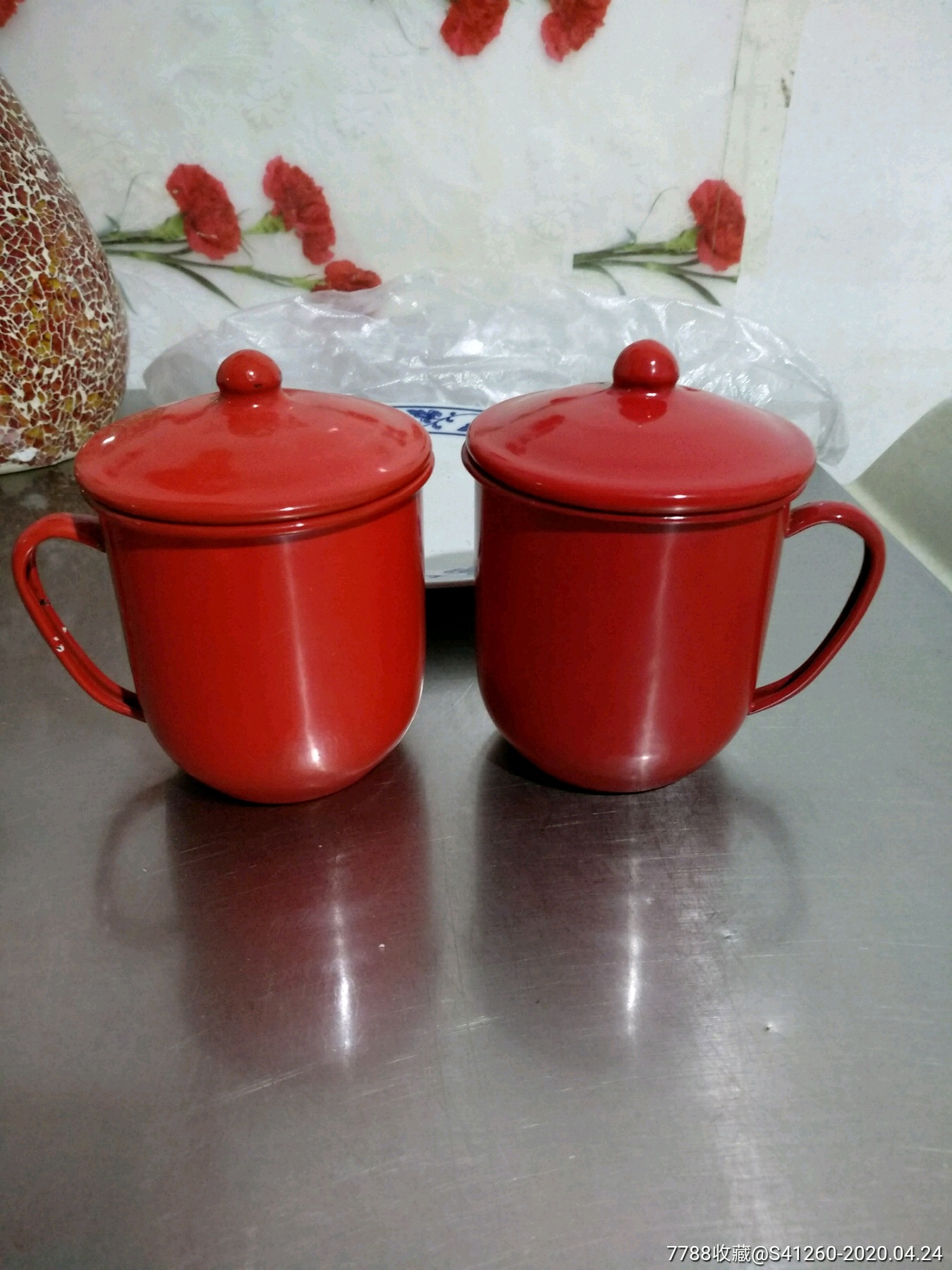 全新建国纪念老搪瓷茶缸一对