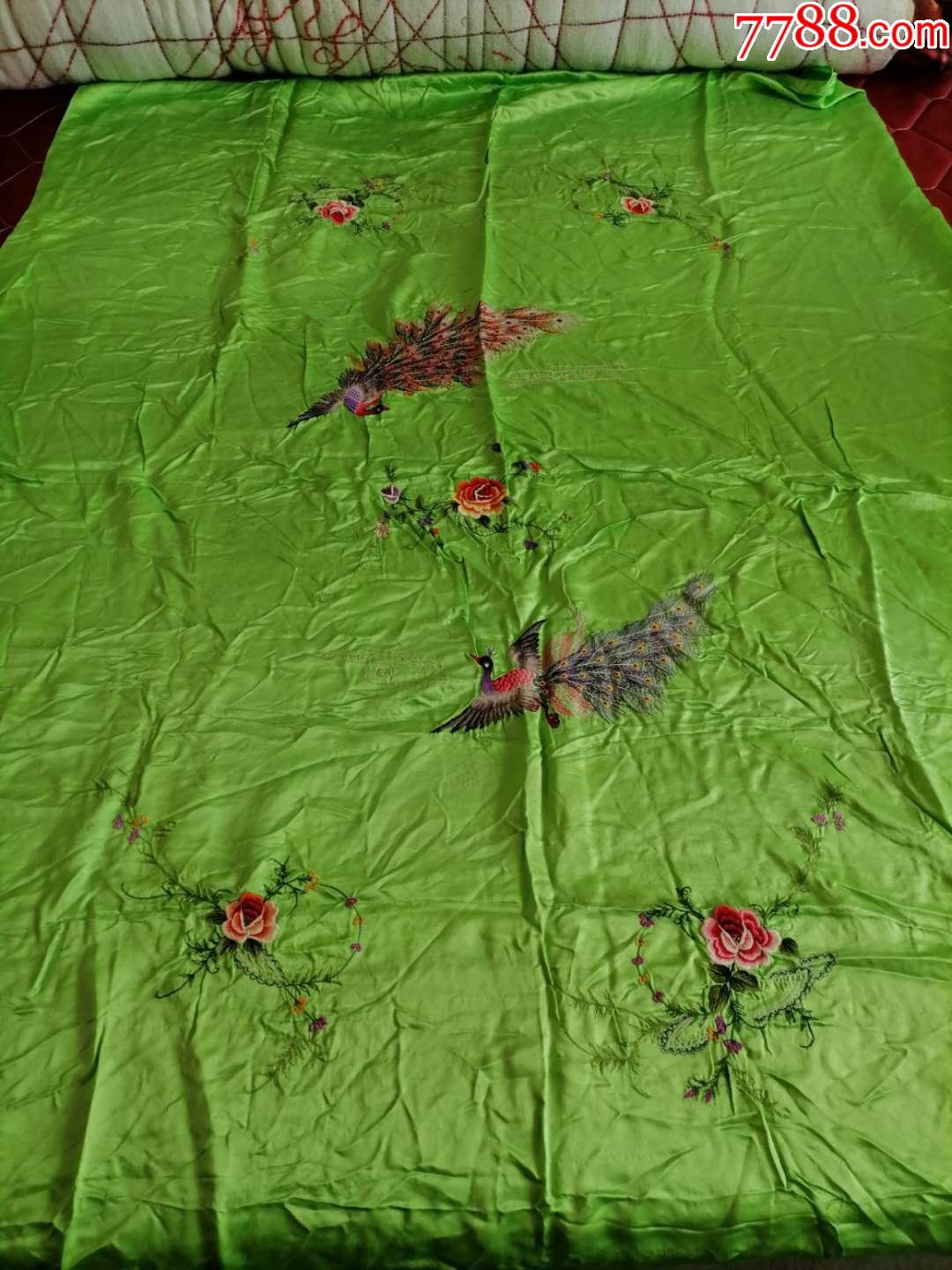 民国精织绸缎双凤朝阳绿被单