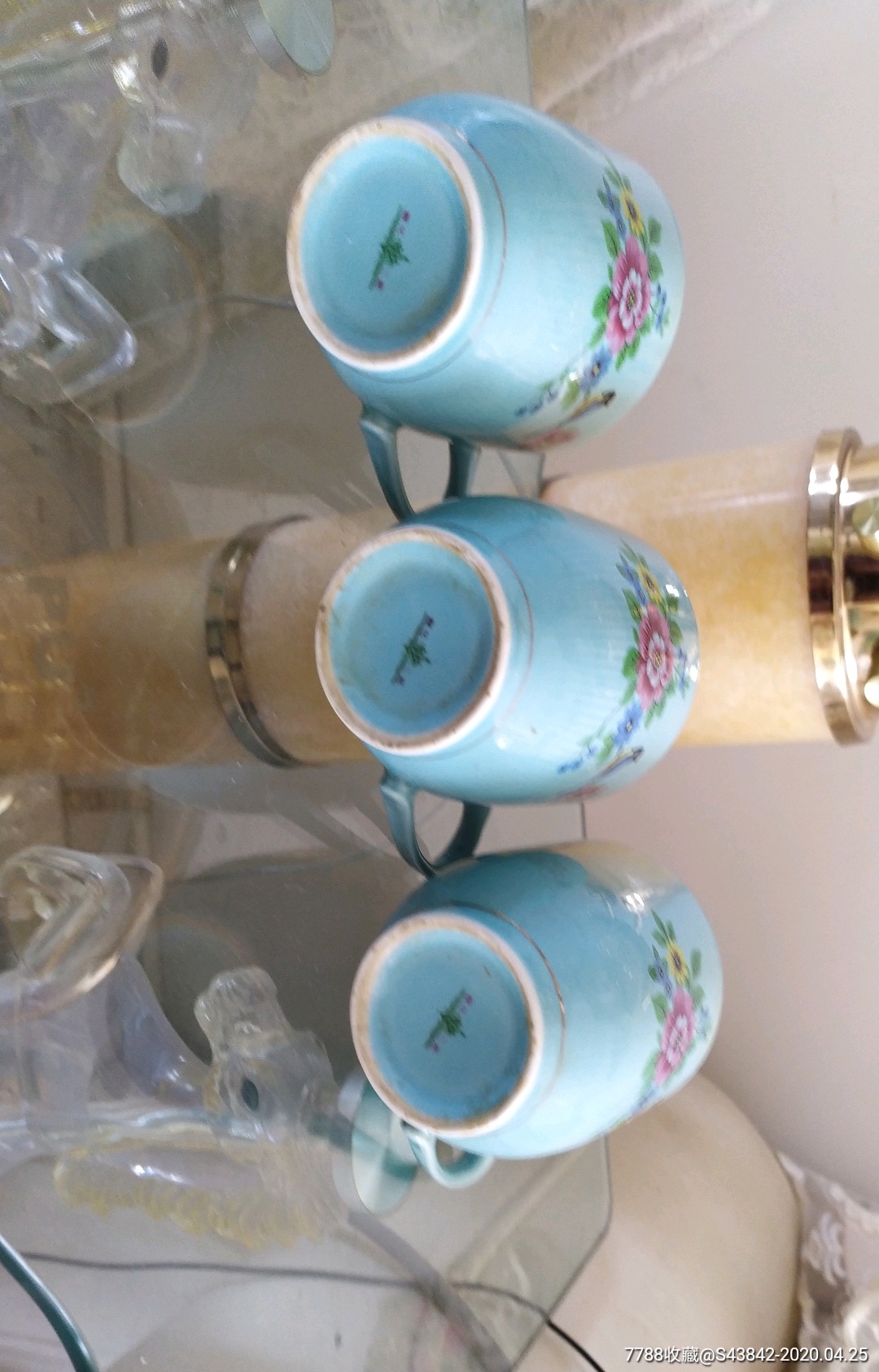 全网唯一文革宣化二瓷出口花鸟盖杯3个