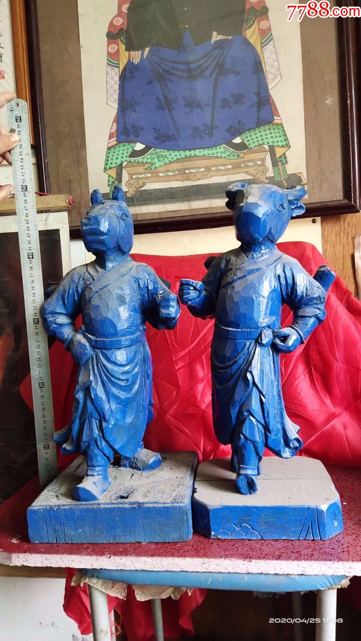 总重11斤一底座后配纯手工雕刻木雕牛头马面将军一对罕见