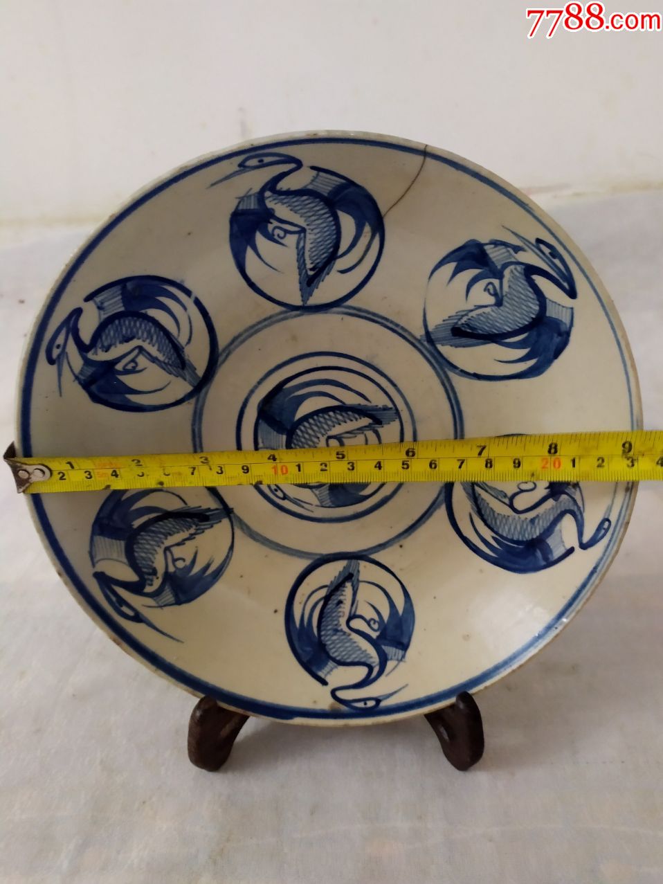 568*晚清民国手绘团鹤纹青花大盘