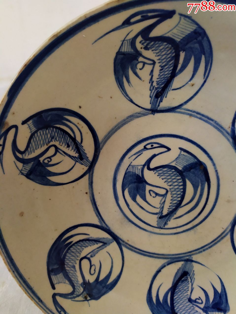 568*晚清民国手绘团鹤纹青花大盘