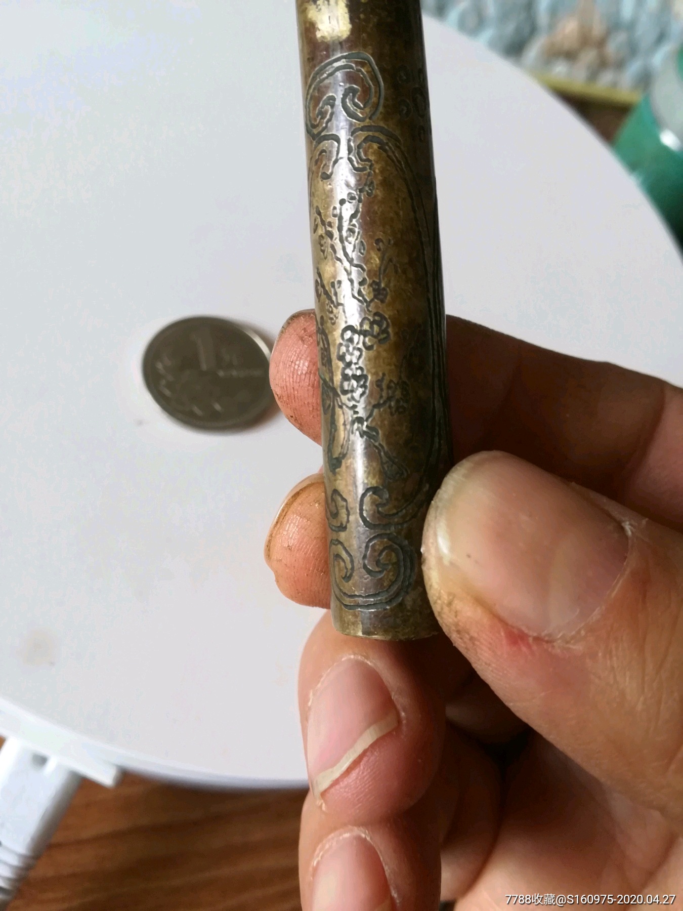 漂亮清代西天成款黄铜刻花,福禄寿,花卉梅花大个烟锅,3.5*1.5*9.5cm