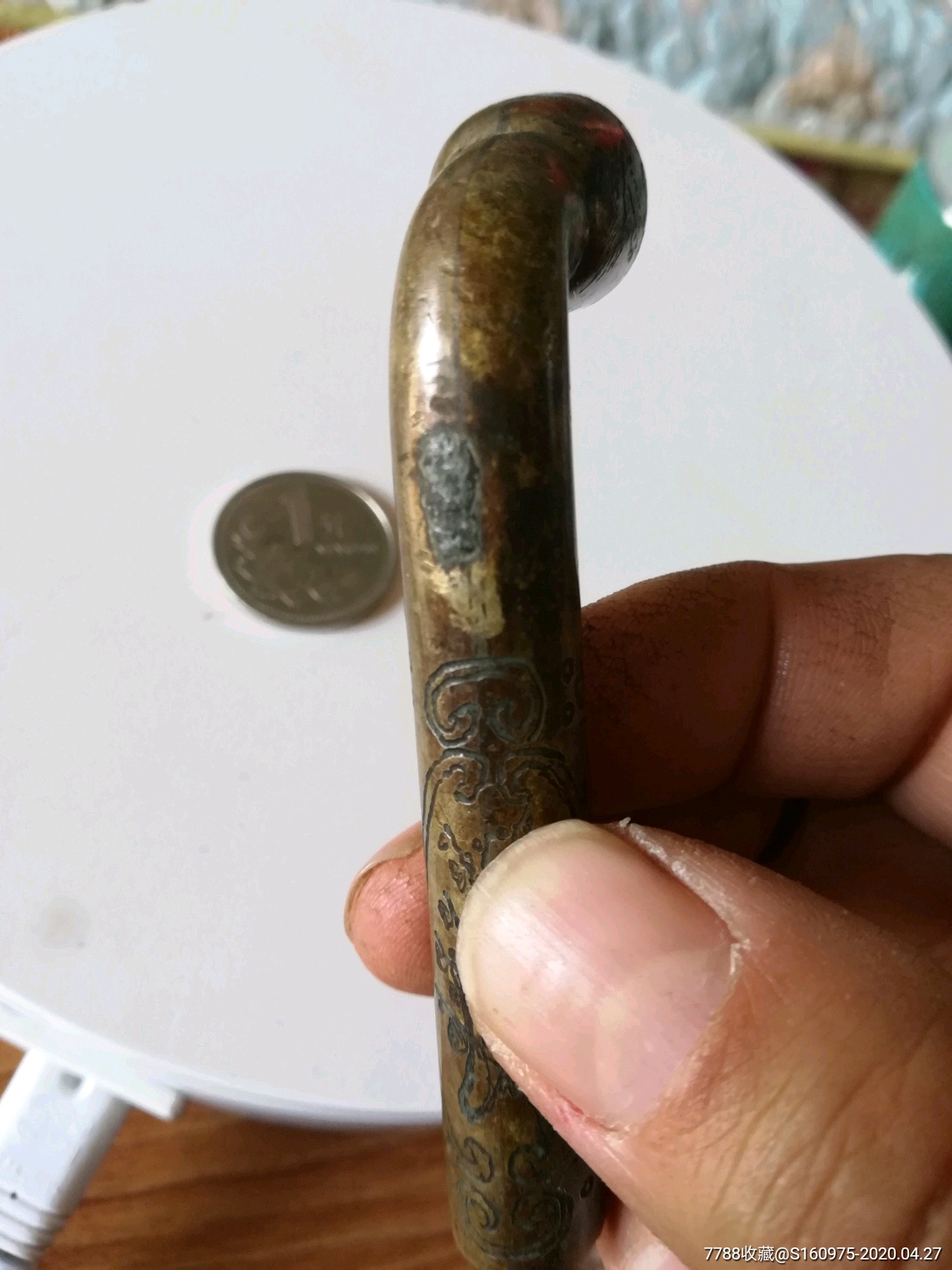 漂亮清代西天成款黄铜刻花,福禄寿,花卉梅花大个烟锅,3.5*1.5*9.5cm