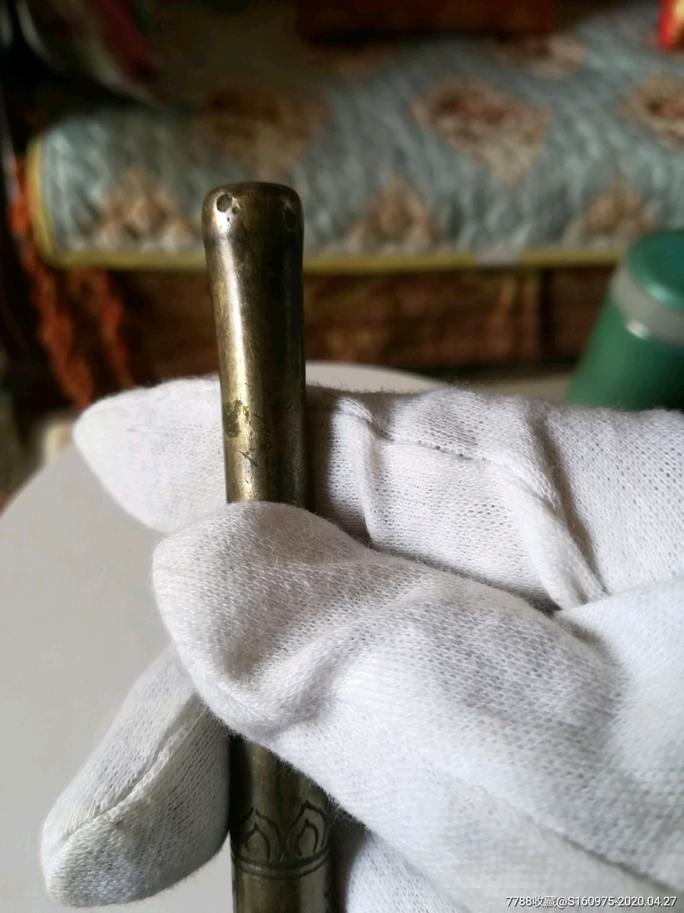 漂亮清代西天成款黄铜刻花花卉福禄寿大个烟袋,3.5*1.5*38.8cm,烟锅老
