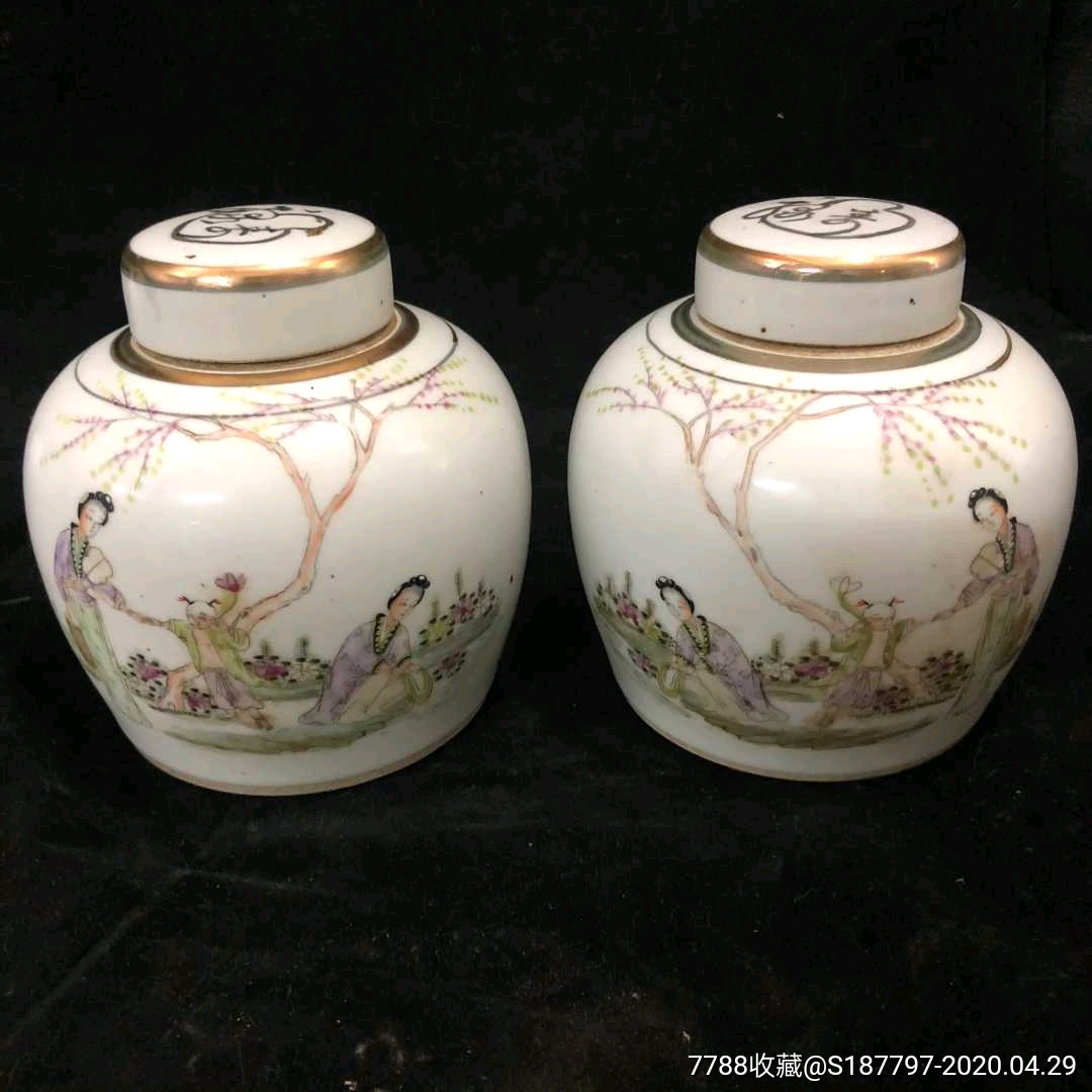 民国时期桃花美女茶叶罐盖罐