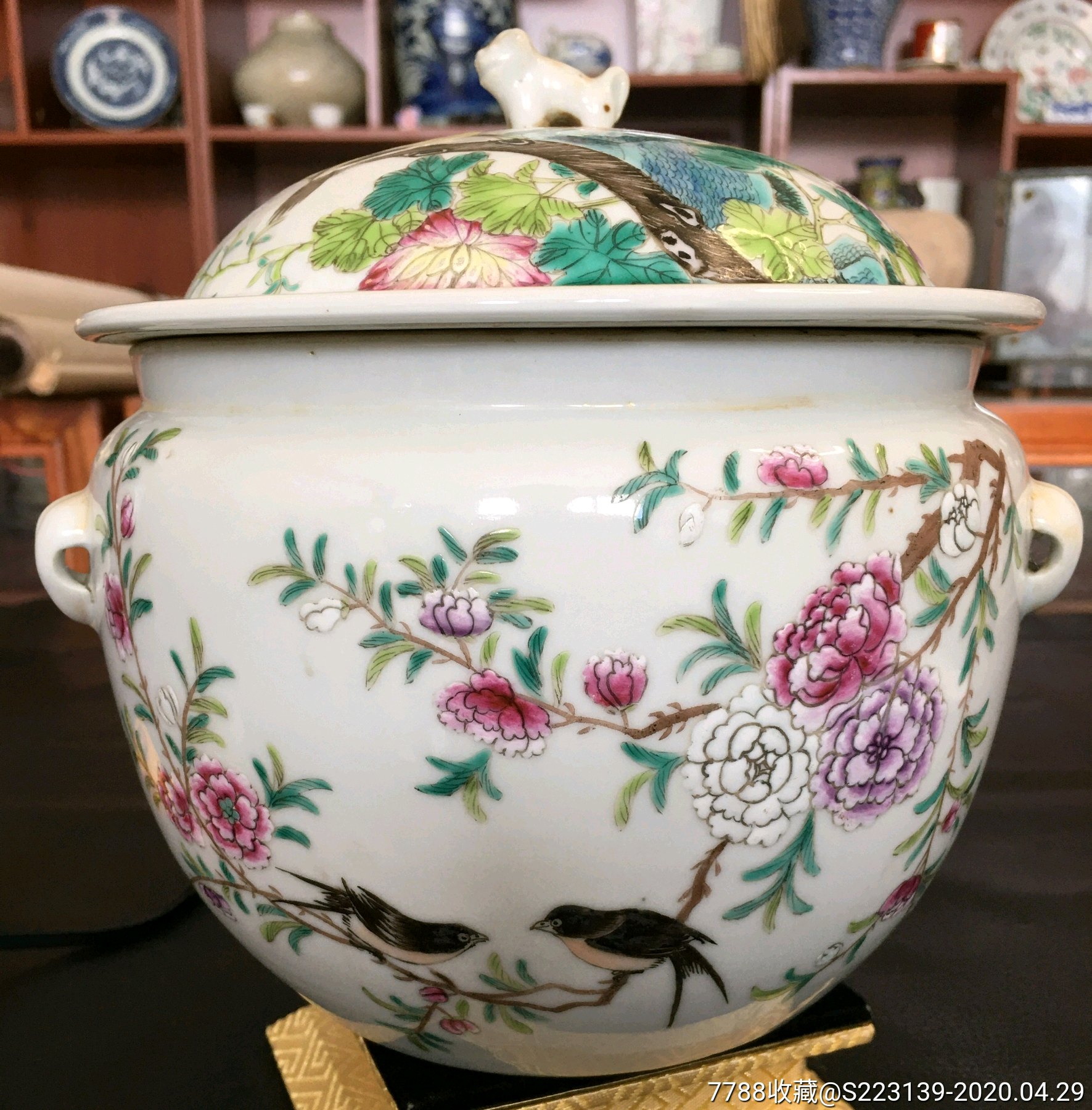 大清同治年制款粉彩花鸟粥罐