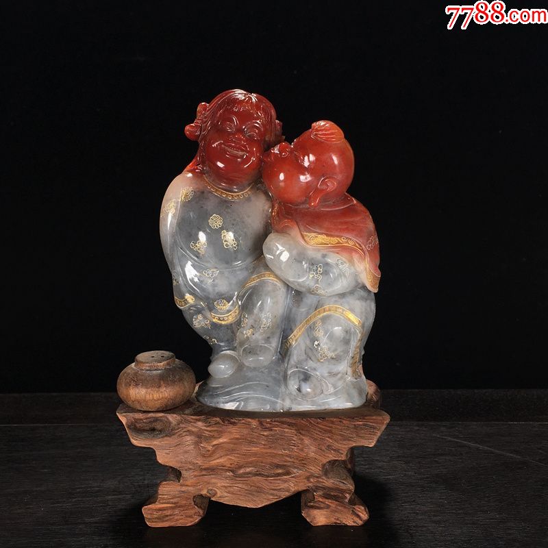 老寿山芙蓉石俏色童趣金童玉女人物石雕摆件鸿运当头色泽极美收藏
